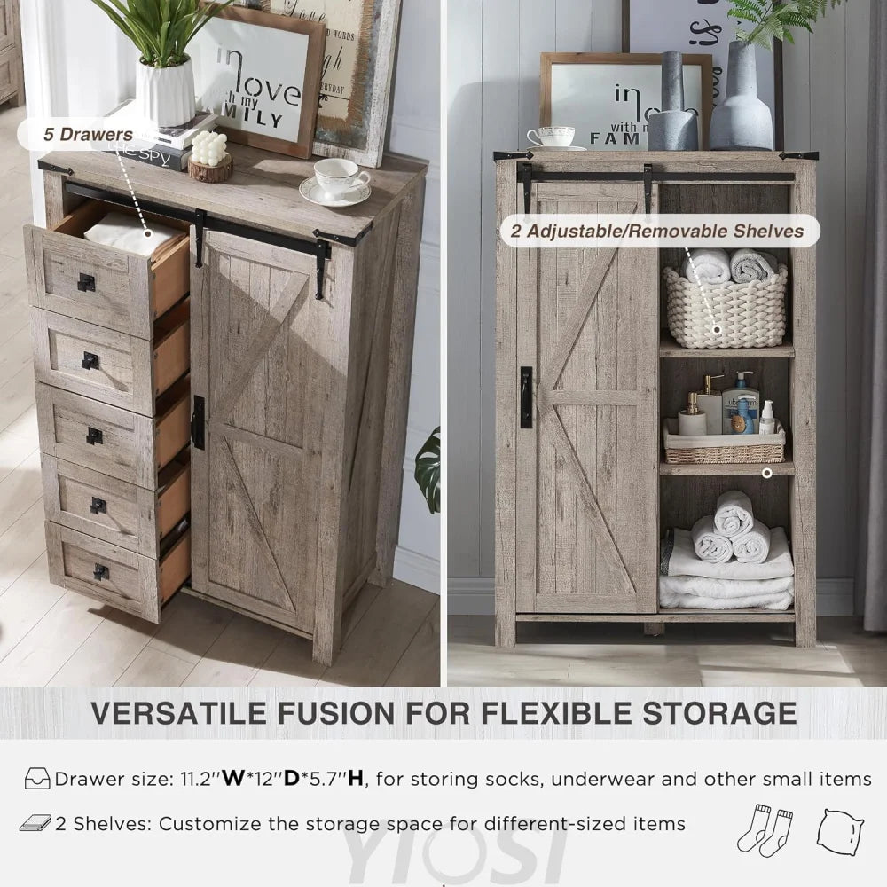 T4TREAM 5 Drawer Farmhouse Dresser with Sliding Barn Door