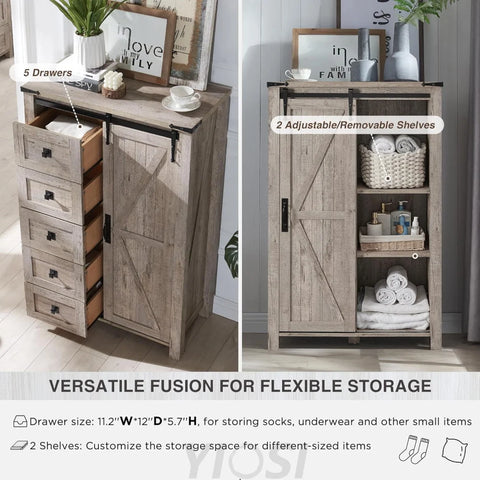 T4TREAM 5 Drawer Farmhouse Dresser with Sliding Barn Door