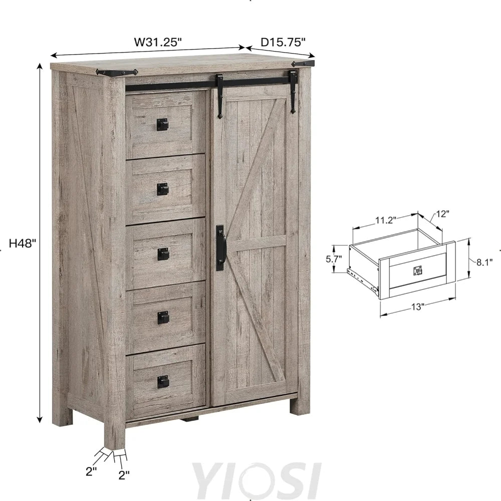T4TREAM 5 Drawer Farmhouse Dresser with Sliding Barn Door