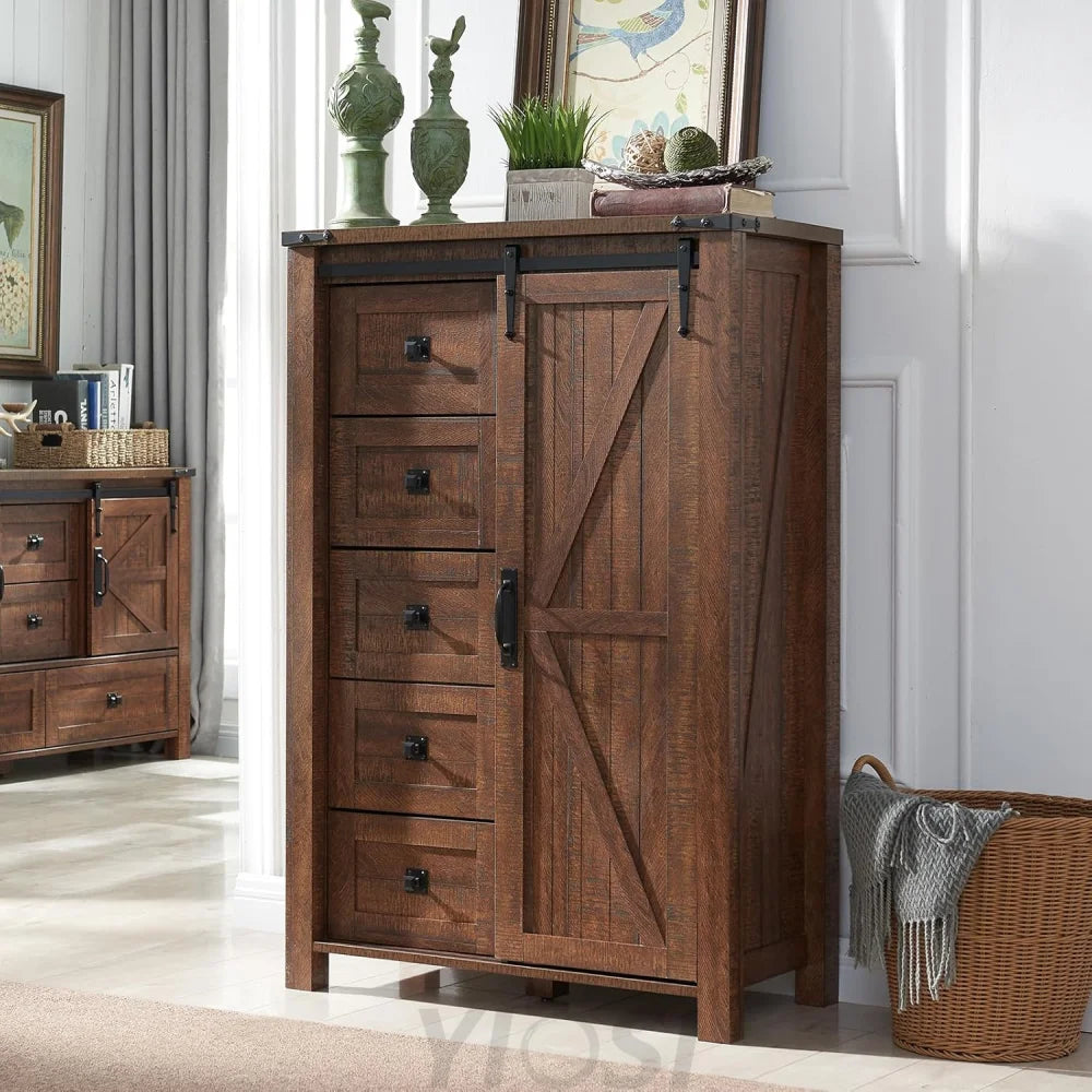 5 Drawer Farmhouse Dresser with Sliding Barn Door Reclaimed Barnwood