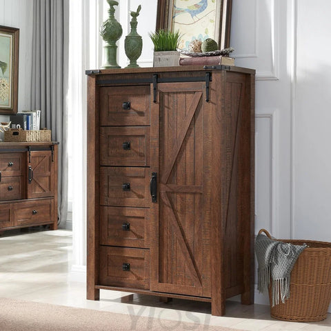5 Drawer Farmhouse Dresser with Sliding Barn Door Reclaimed Barnwood
