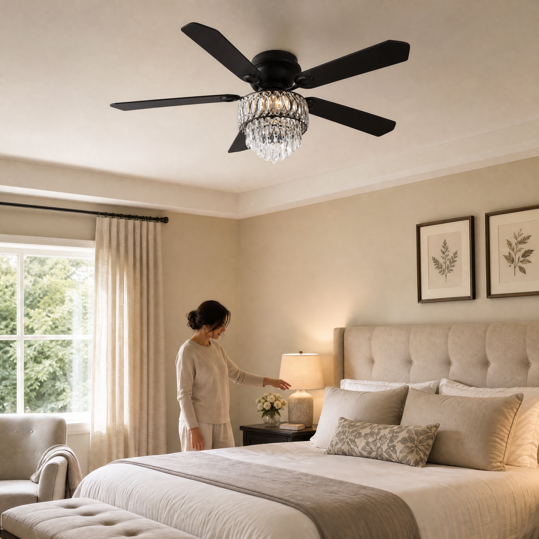 52" Wood Blade Ceiling Fan with Integrated Crystal Chandelier