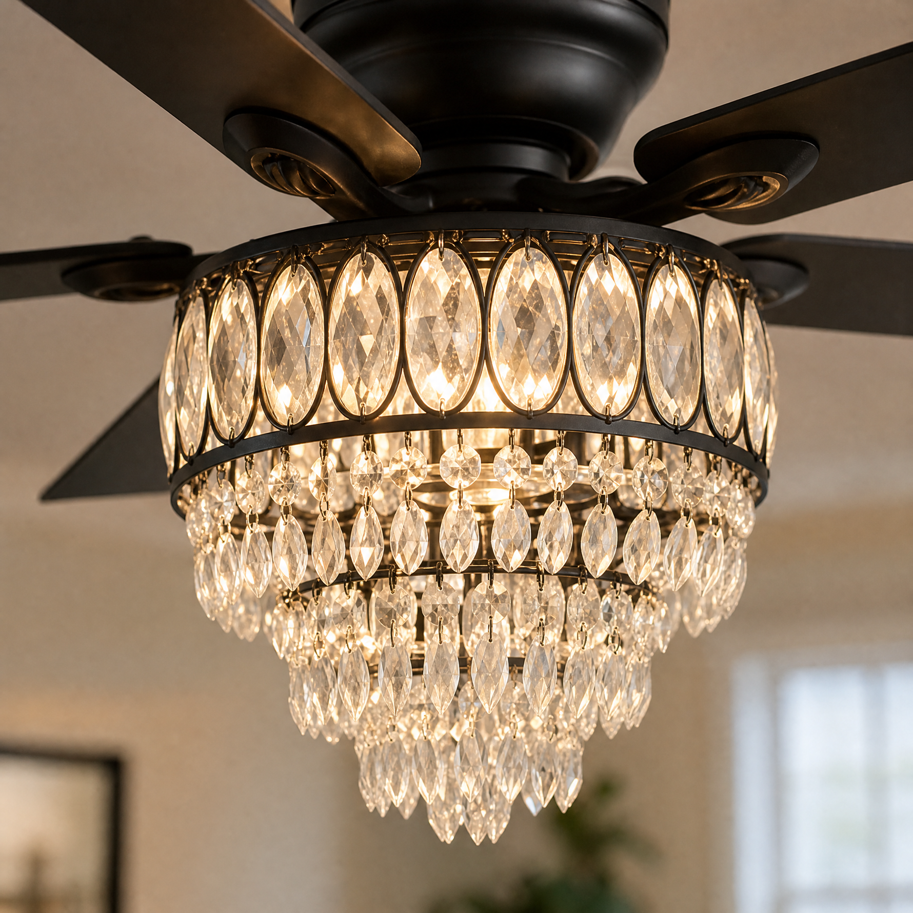 52" Wood Blade Ceiling Fan with Integrated Crystal Chandelier