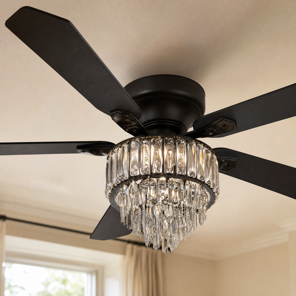 52" Wood Blade Ceiling Fan with Integrated Crystal Chandelier