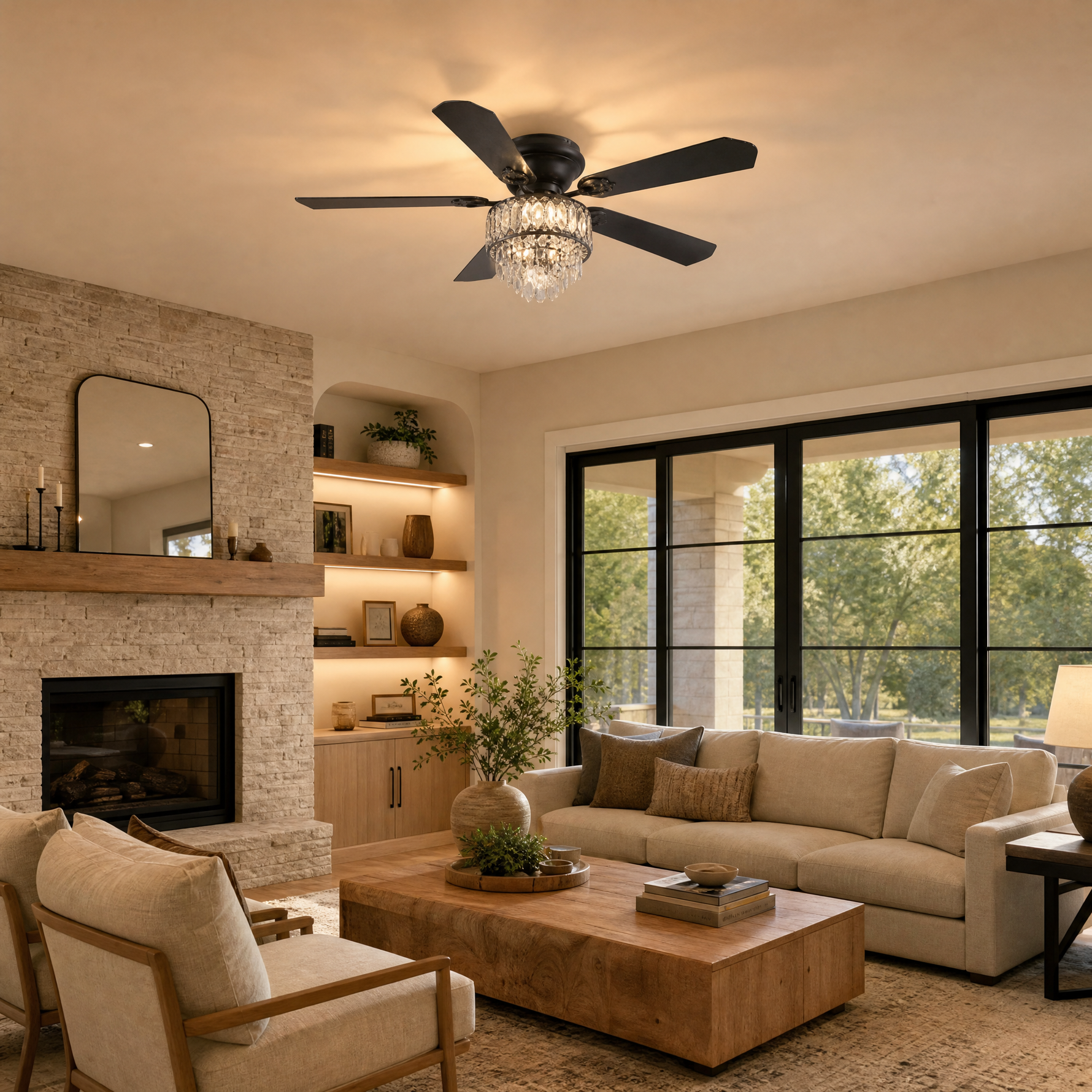 52" Wood Blade Ceiling Fan with Integrated Crystal Chandelier