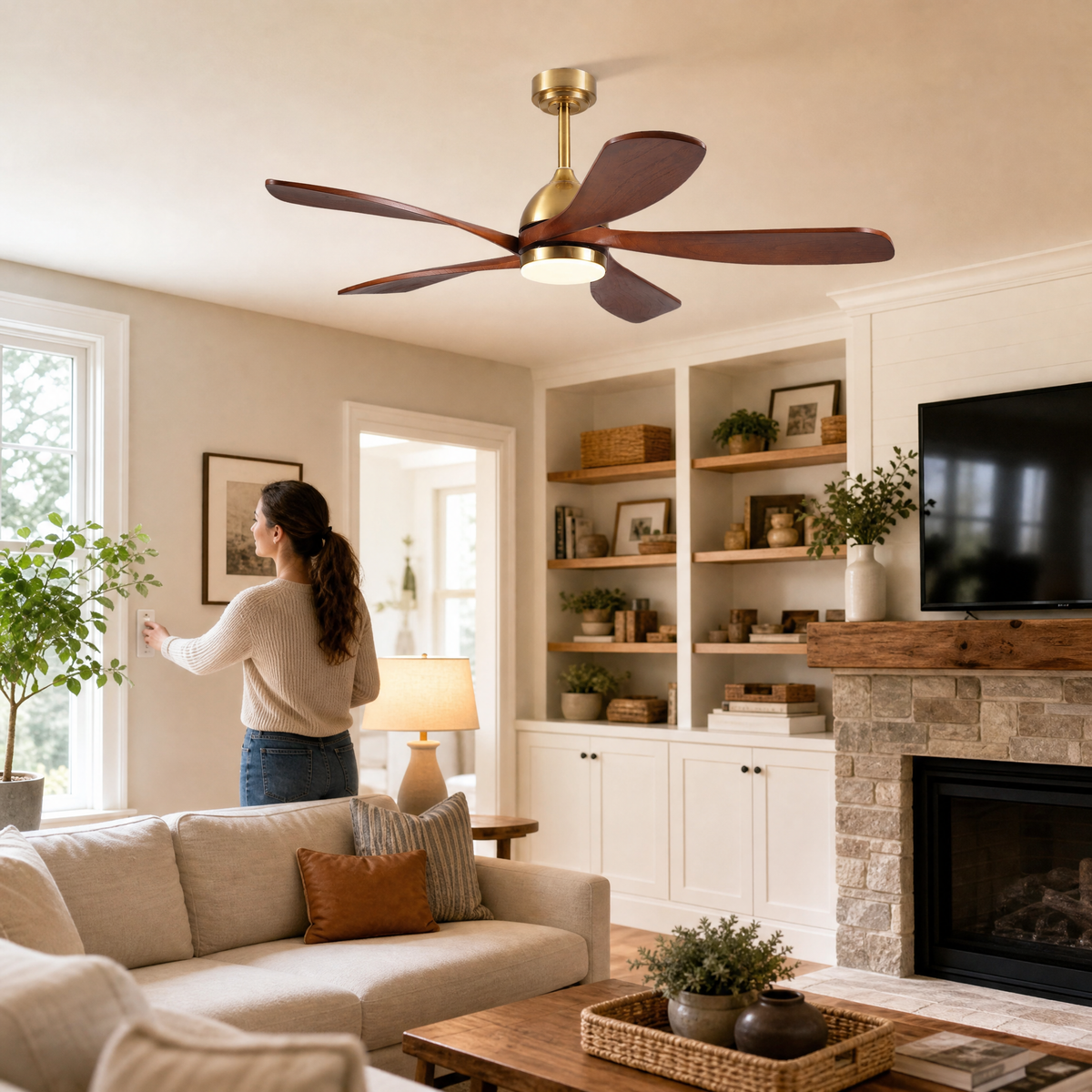 52" Wood Blade Ceiling Fan with Integrated LED Disc Light