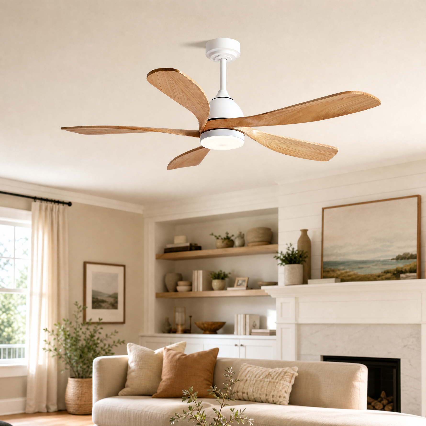 52" Wood Blade Ceiling Fan with Integrated LED Disc Light