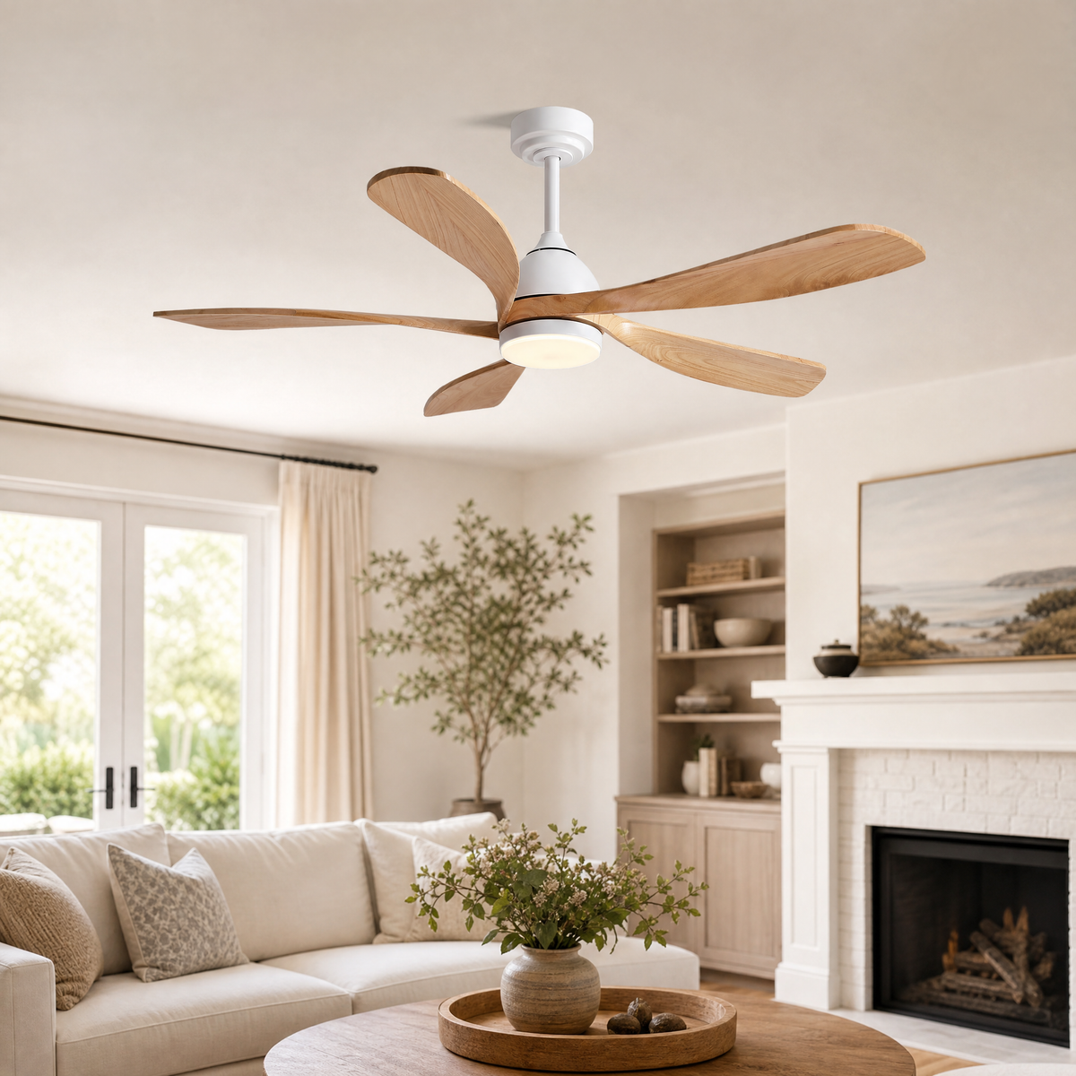 52" Wood Blade Ceiling Fan with Integrated LED Disc Light