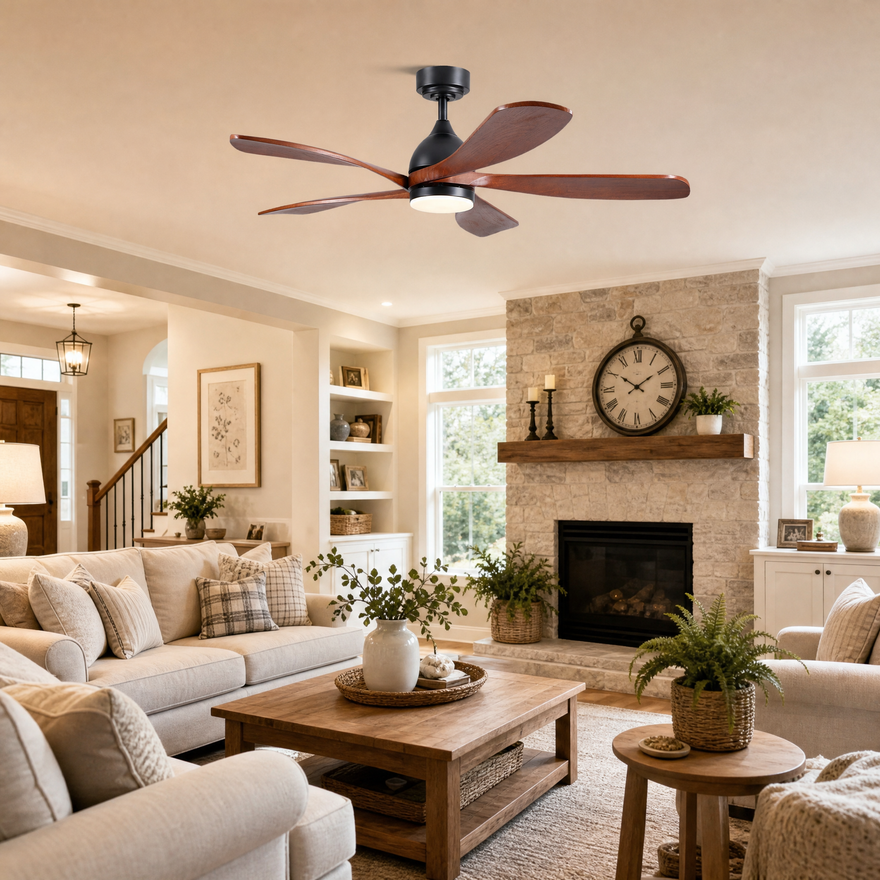 52" Wood Blade Ceiling Fan with Integrated LED Disc Light