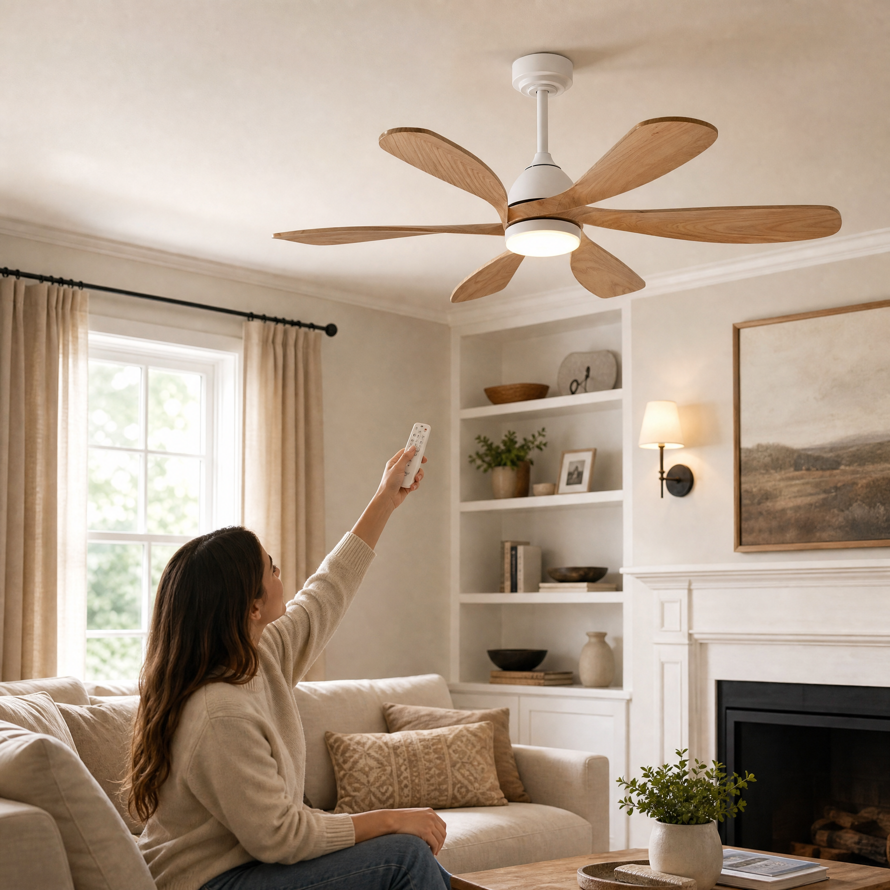 52" Wood Blade Ceiling Fan with Integrated LED Disc Light