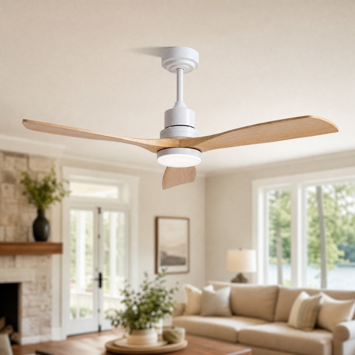 52" Wood Blade Downrod Ceiling Fan with Integrated LED Disc Light
