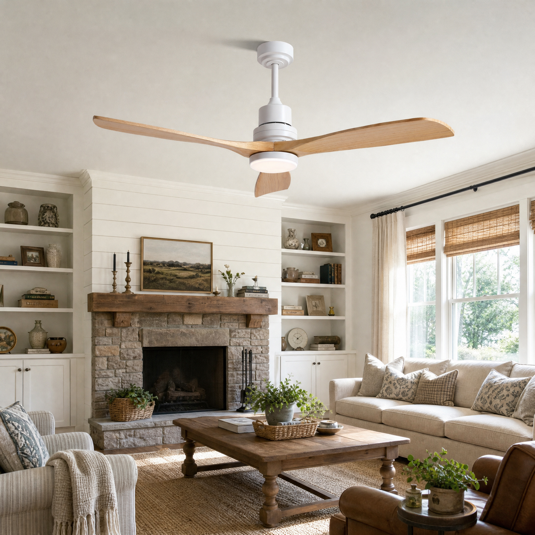 52" Wood Blade Downrod Ceiling Fan with Integrated LED Disc Light