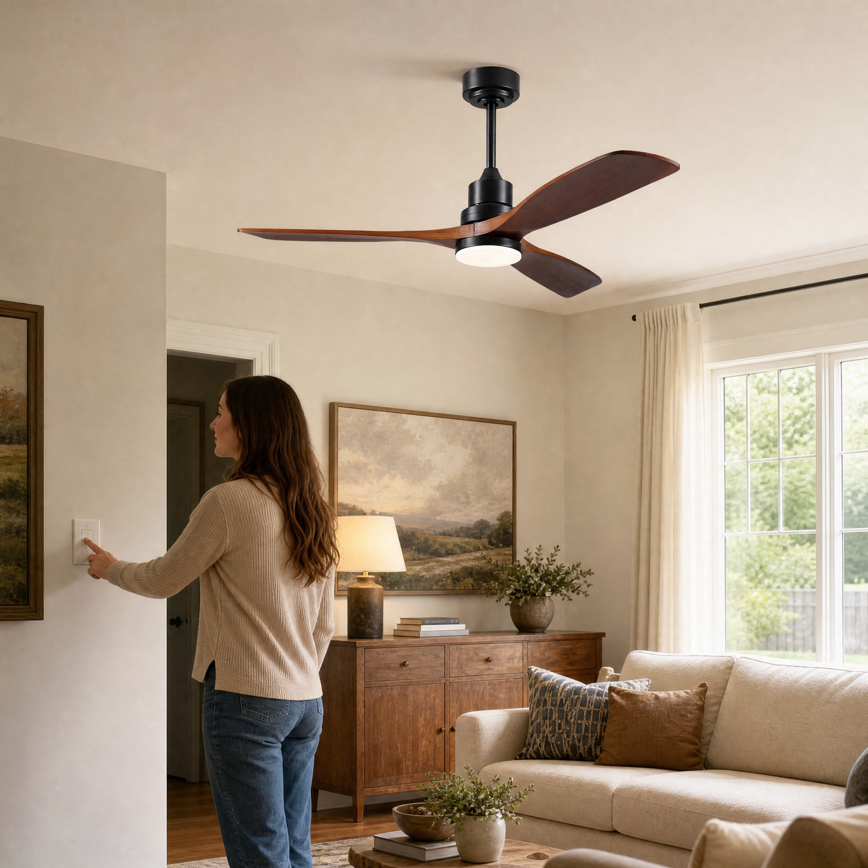 52" Wood Blade Downrod Ceiling Fan with Integrated LED Disc Light