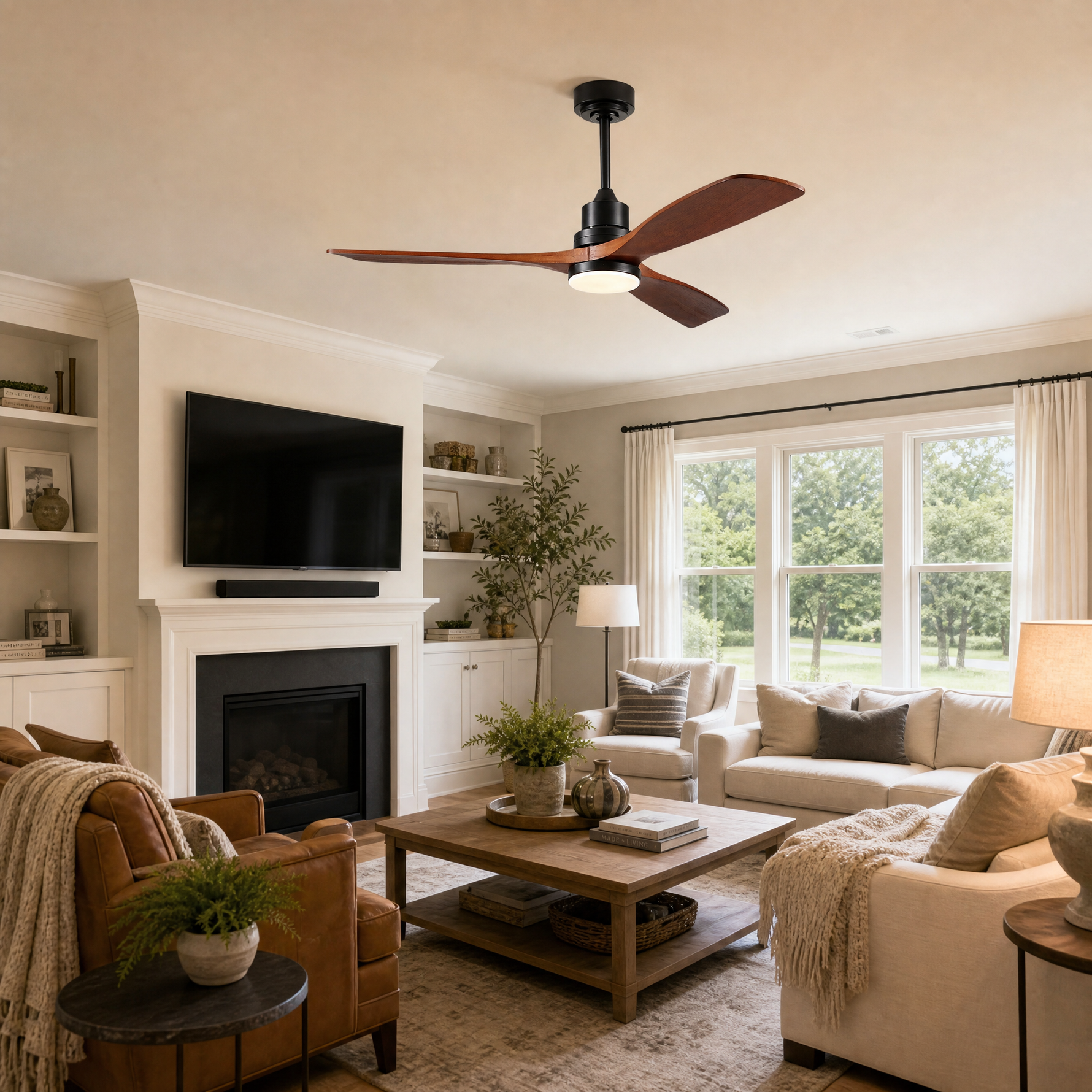 52" Wood Blade Downrod Ceiling Fan with Integrated LED Disc Light