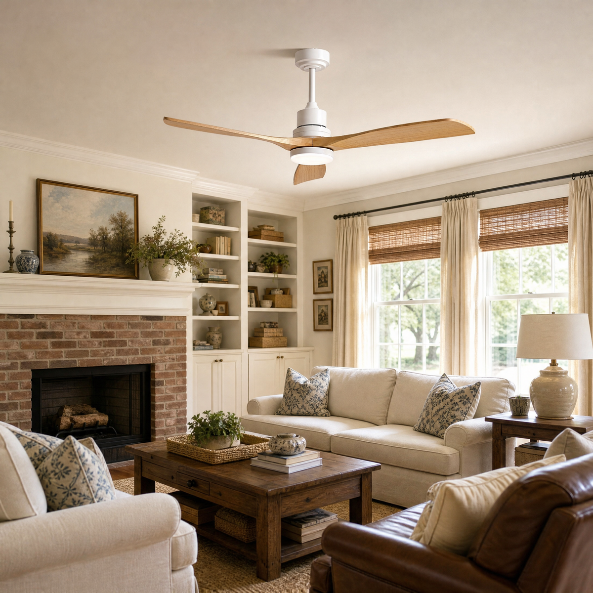 52" Wood Blade Downrod Ceiling Fan with Integrated LED Disc Light