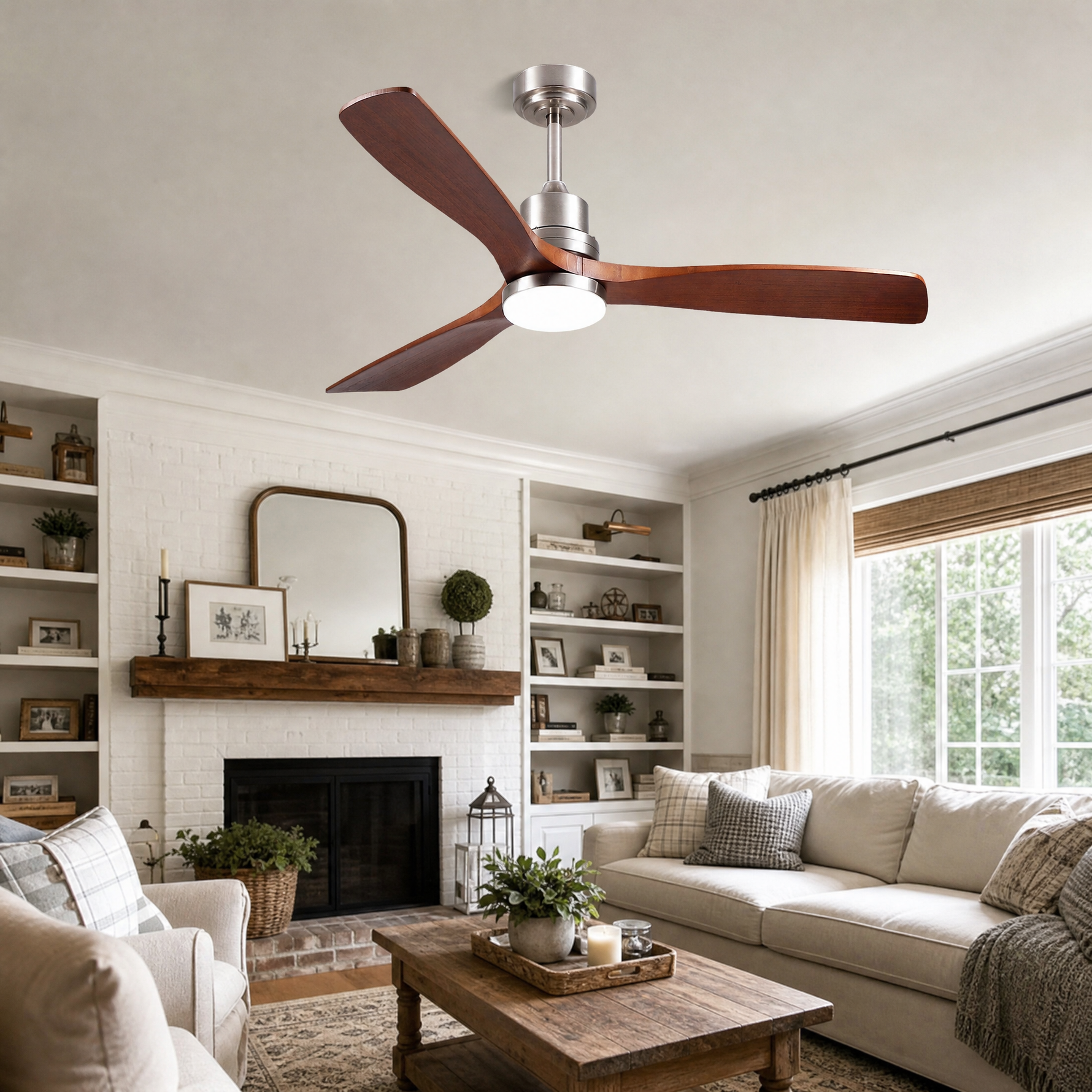 52" Wood Blade Downrod Ceiling Fan with Integrated LED Disc Light