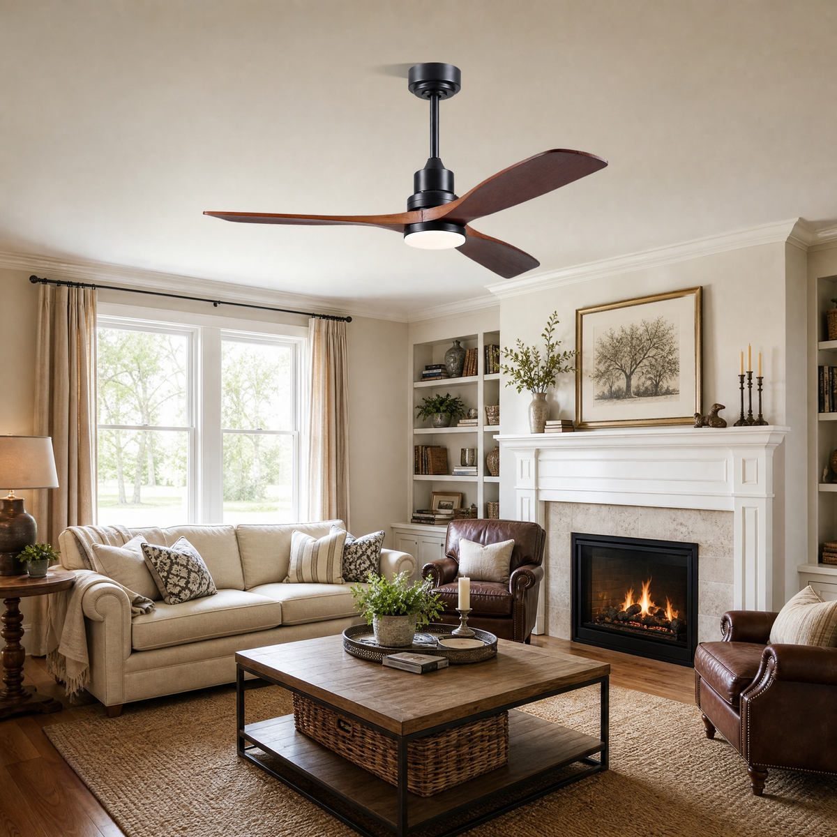 52" Wood Blade Downrod Ceiling Fan with Integrated LED Disc Light
