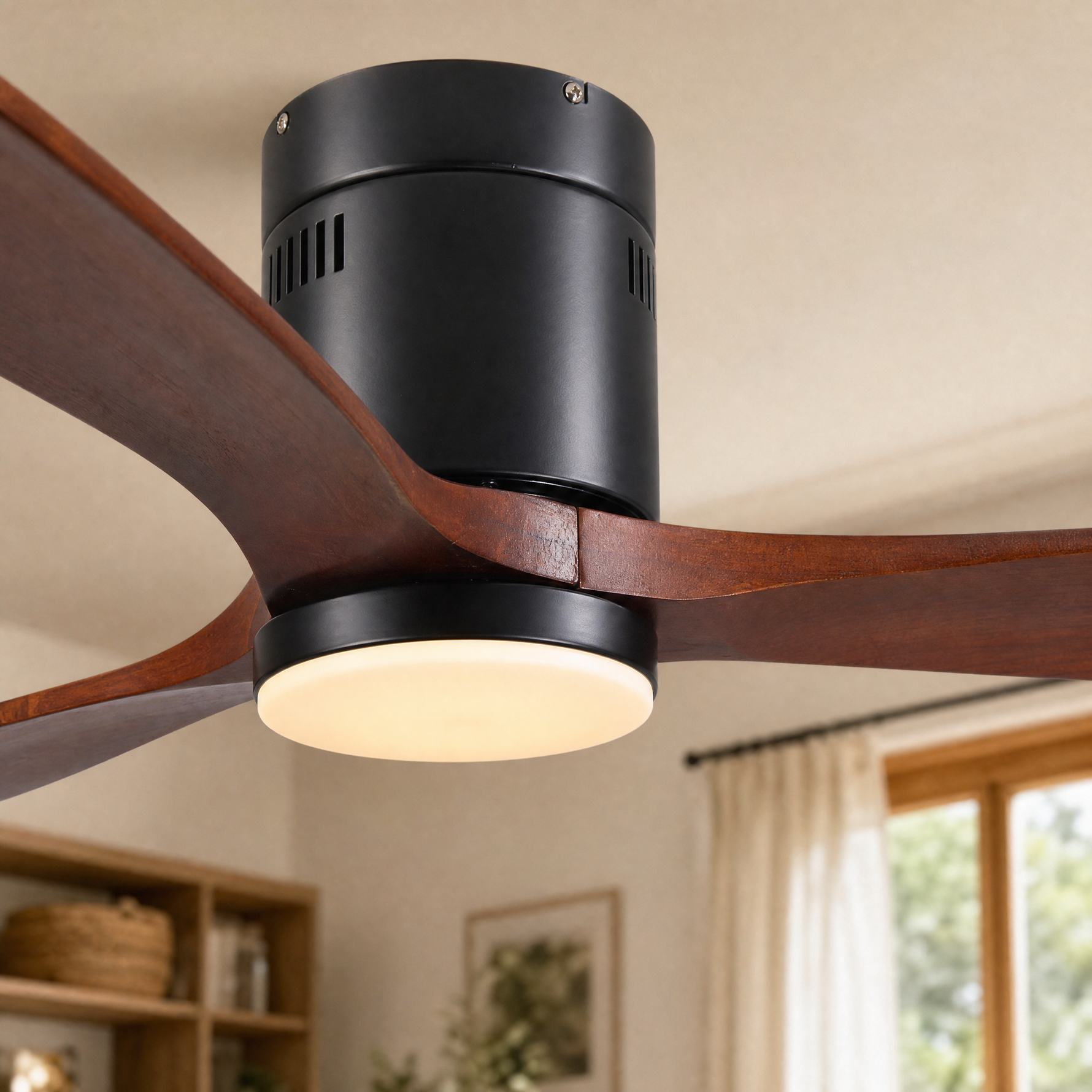52" Wood Blade Flush Mount Ceiling Fan with LED Disc Light