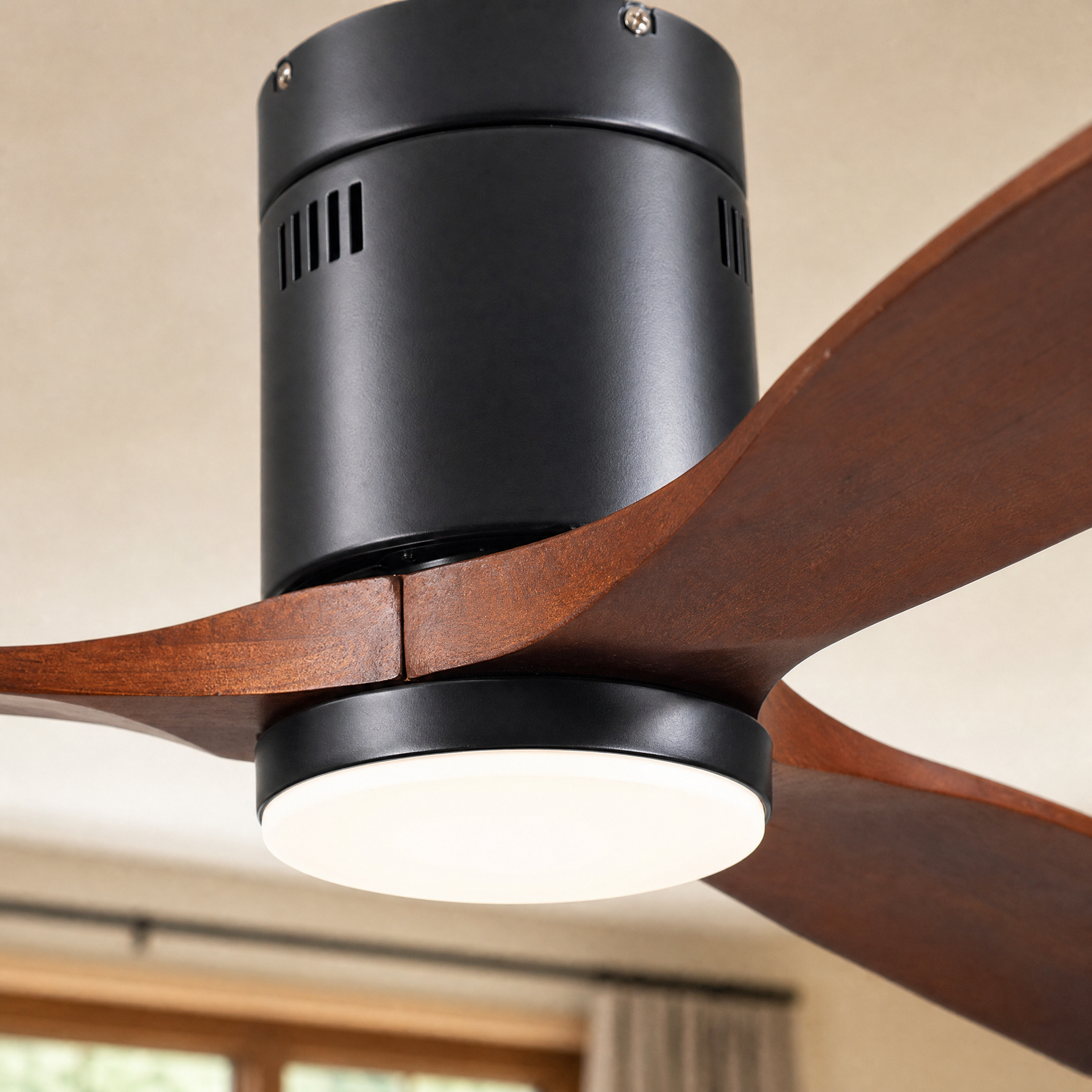 52" Wood Blade Flush Mount Ceiling Fan with LED Disc Light