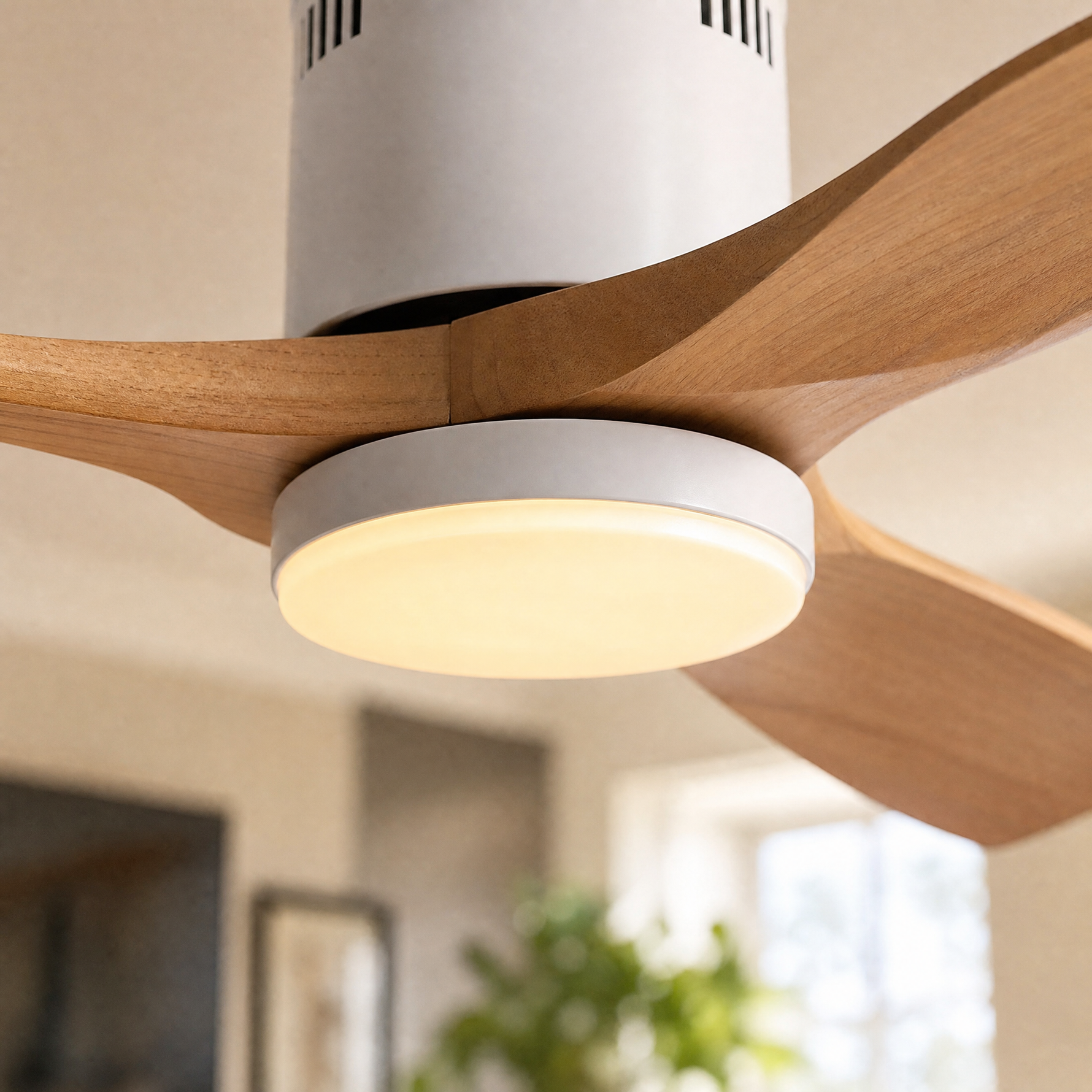 52" Wood Blade Flush Mount Ceiling Fan with LED Disc Light