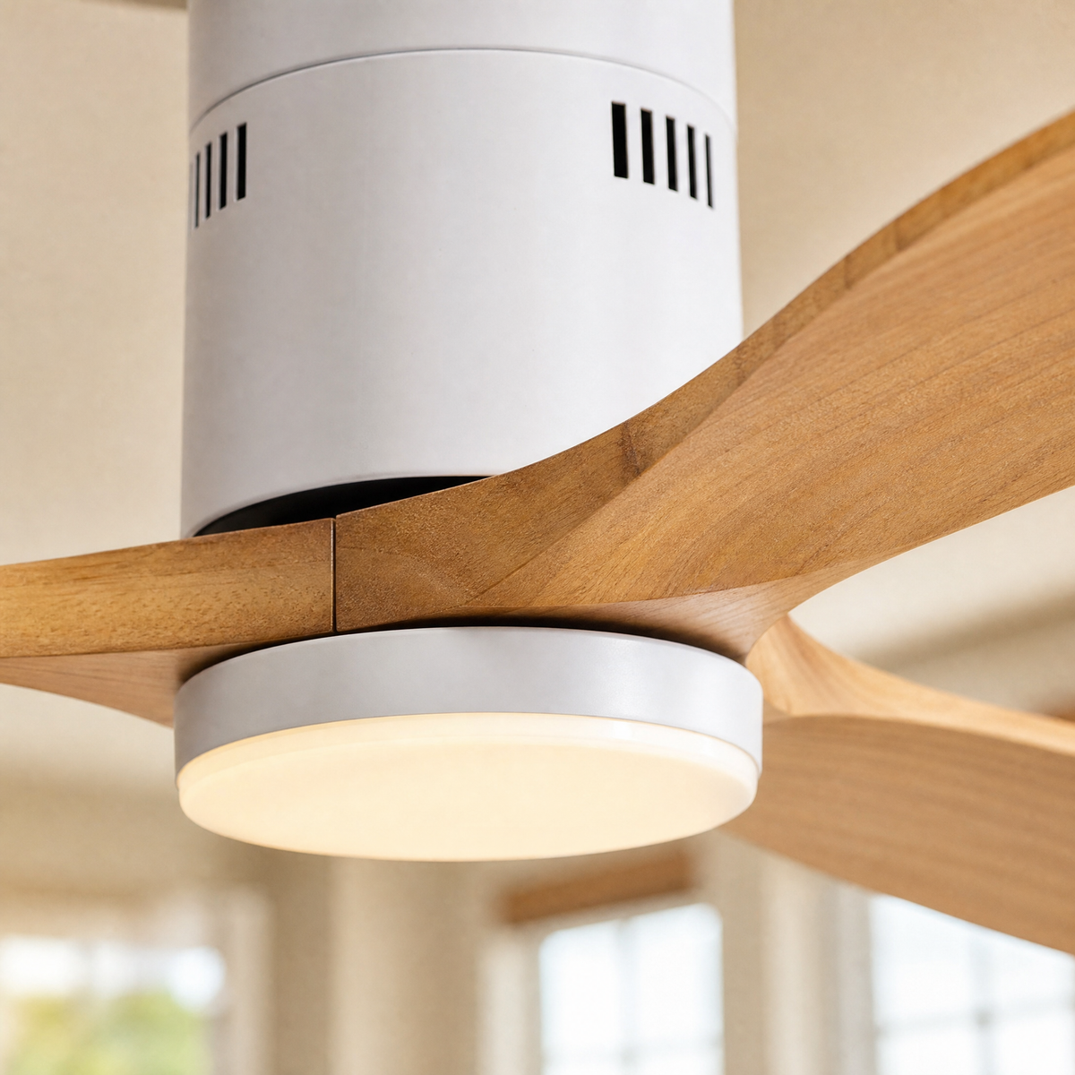 52" Wood Blade Flush Mount Ceiling Fan with LED Disc Light