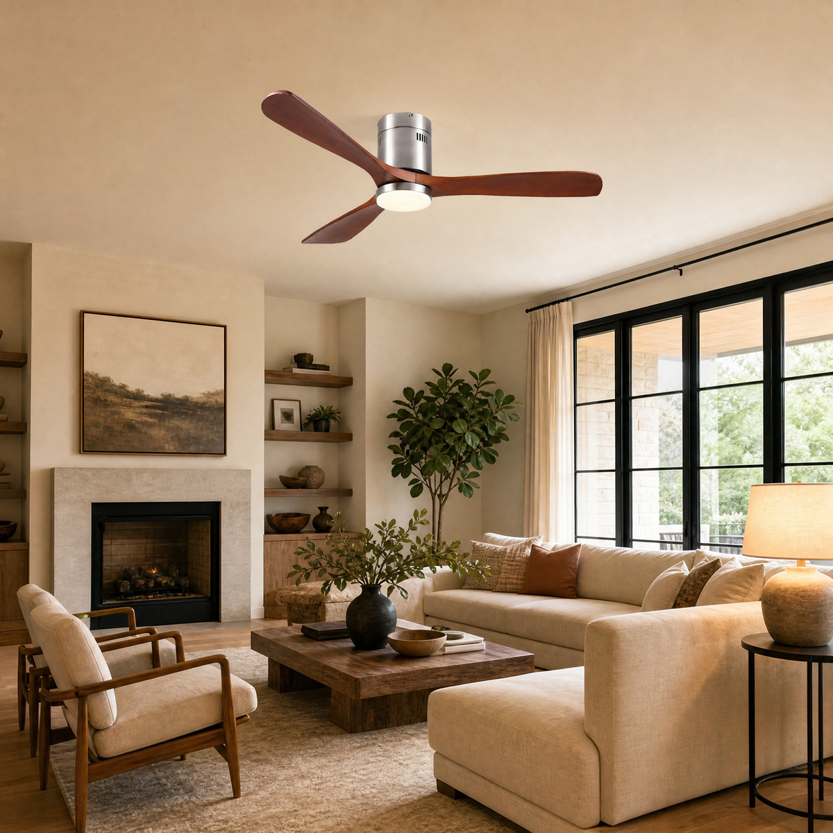 52" Wood Blade Flush Mount Ceiling Fan with LED Disc Light