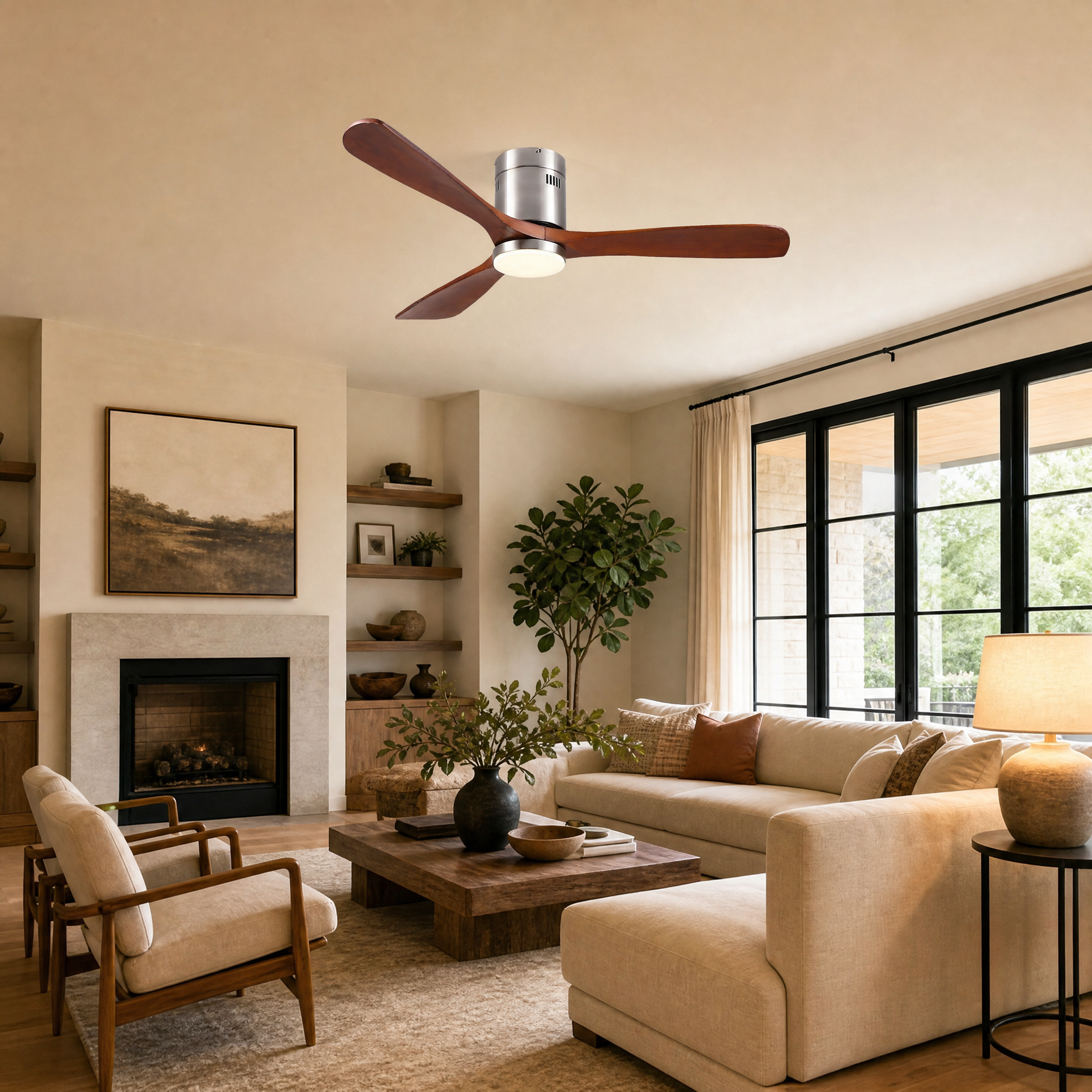 52" Wood Blade Flush Mount Ceiling Fan with LED Disc Light