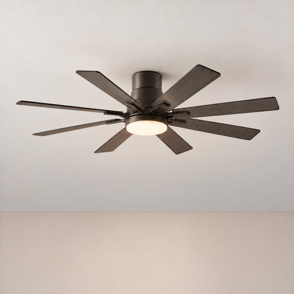 52" Grey Plywood Blade Flush Mount Ceiling Fan – lights on