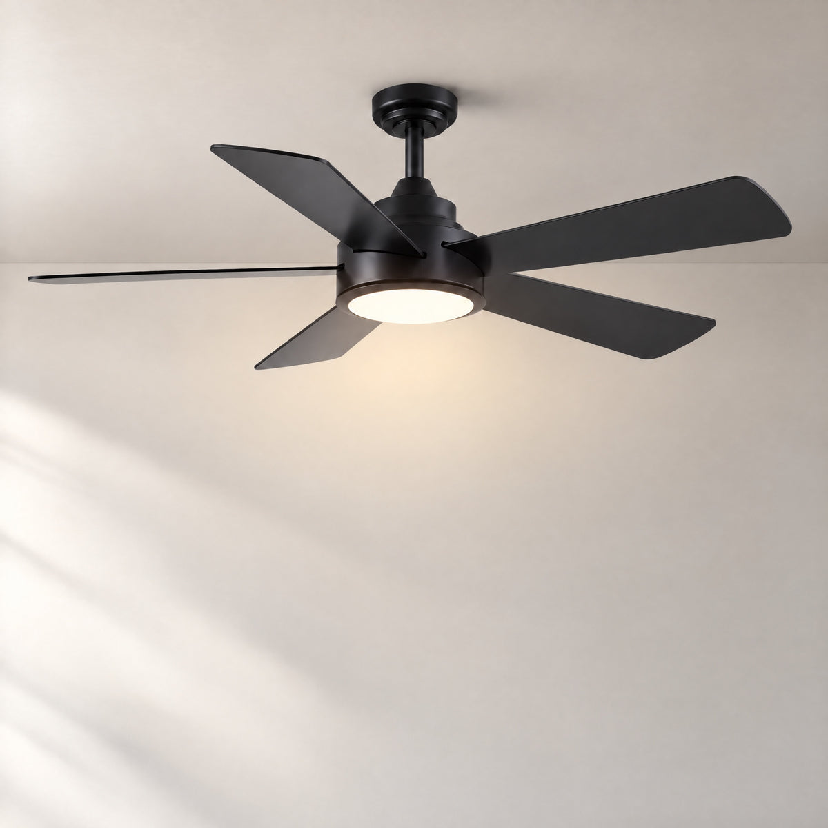 52" Matte Black Ceiling Fan with 3-Color Dimmable LED – lights on