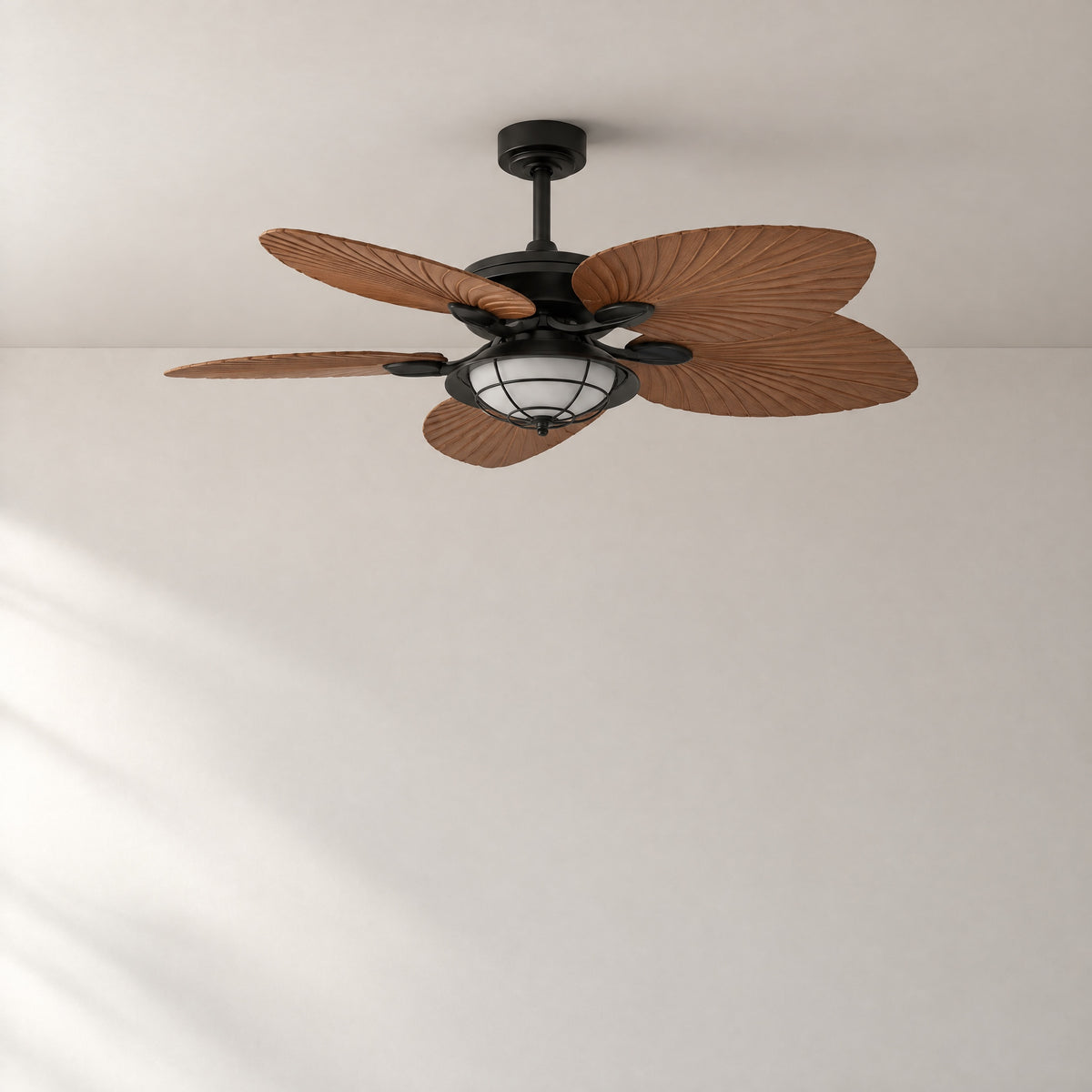 52" Palm Leaf Ceiling Fan with Caged Waterproof Dome – lights off