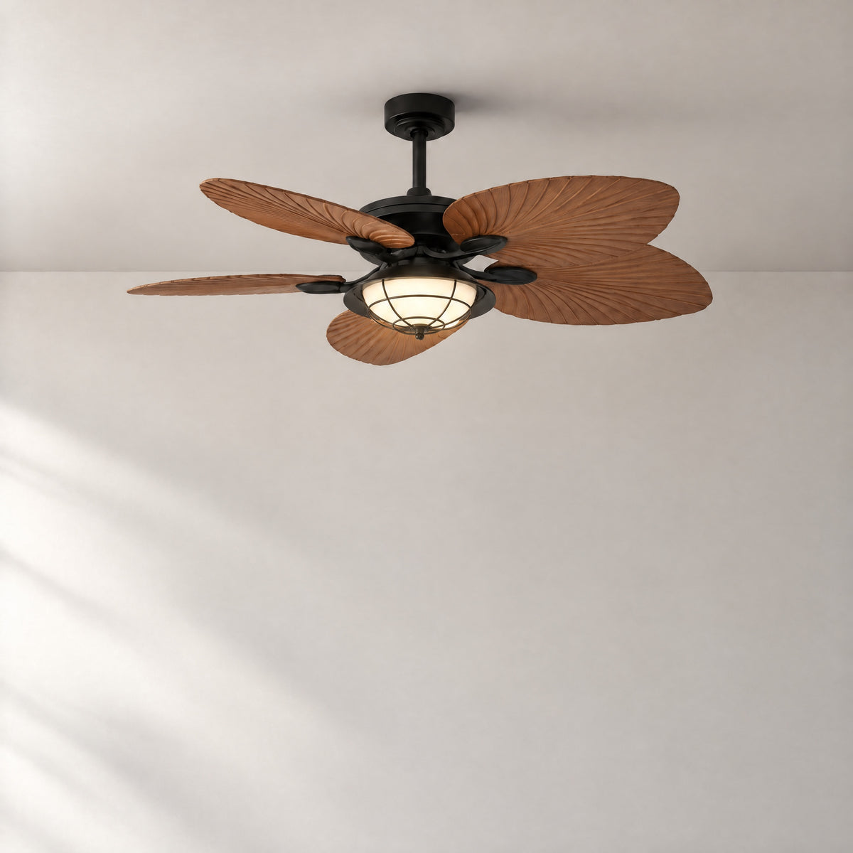 52" Palm Leaf Ceiling Fan with Caged Waterproof Dome – lights on