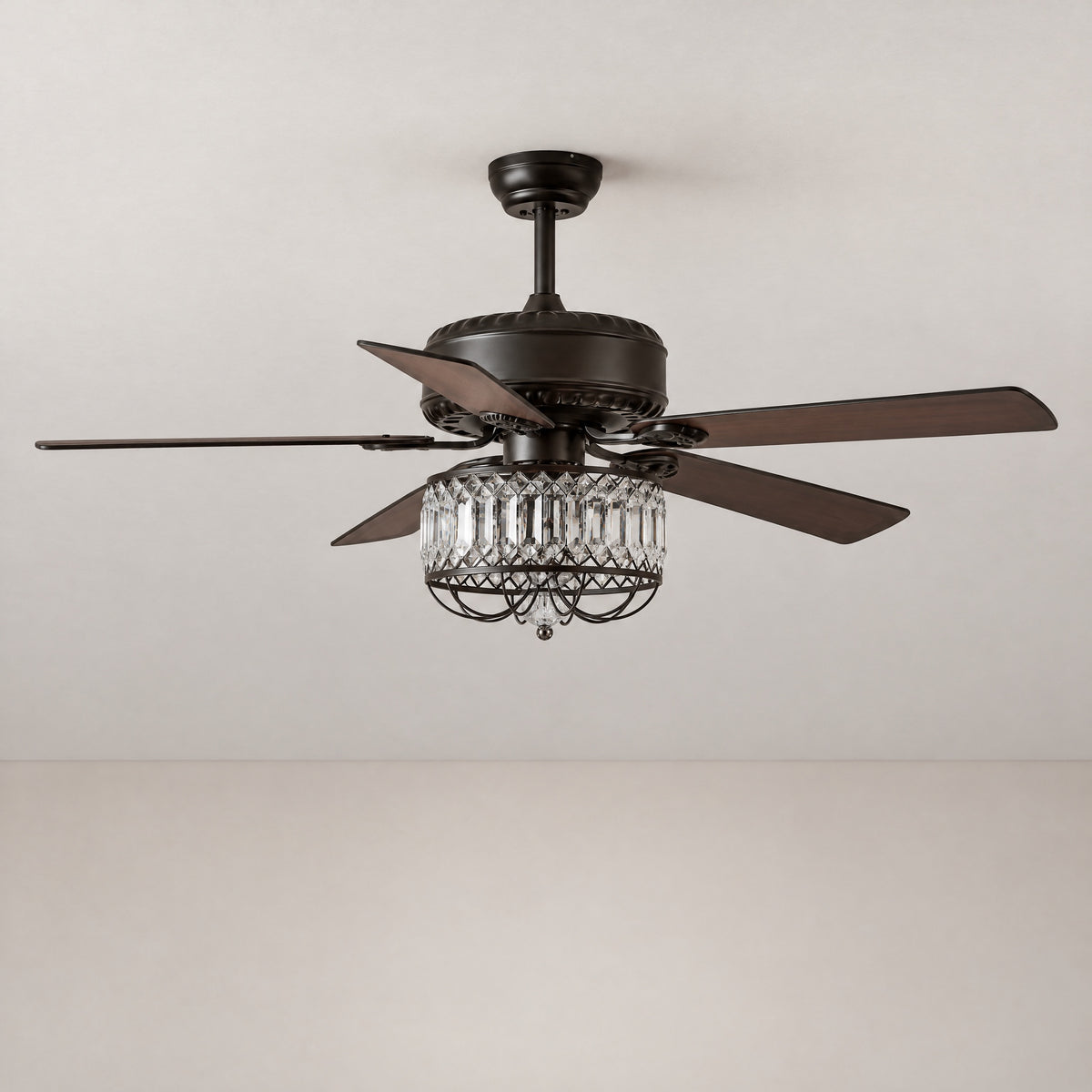 52" Retro Wood Blade Ceiling Fan with Crystal Drum Light – lights off