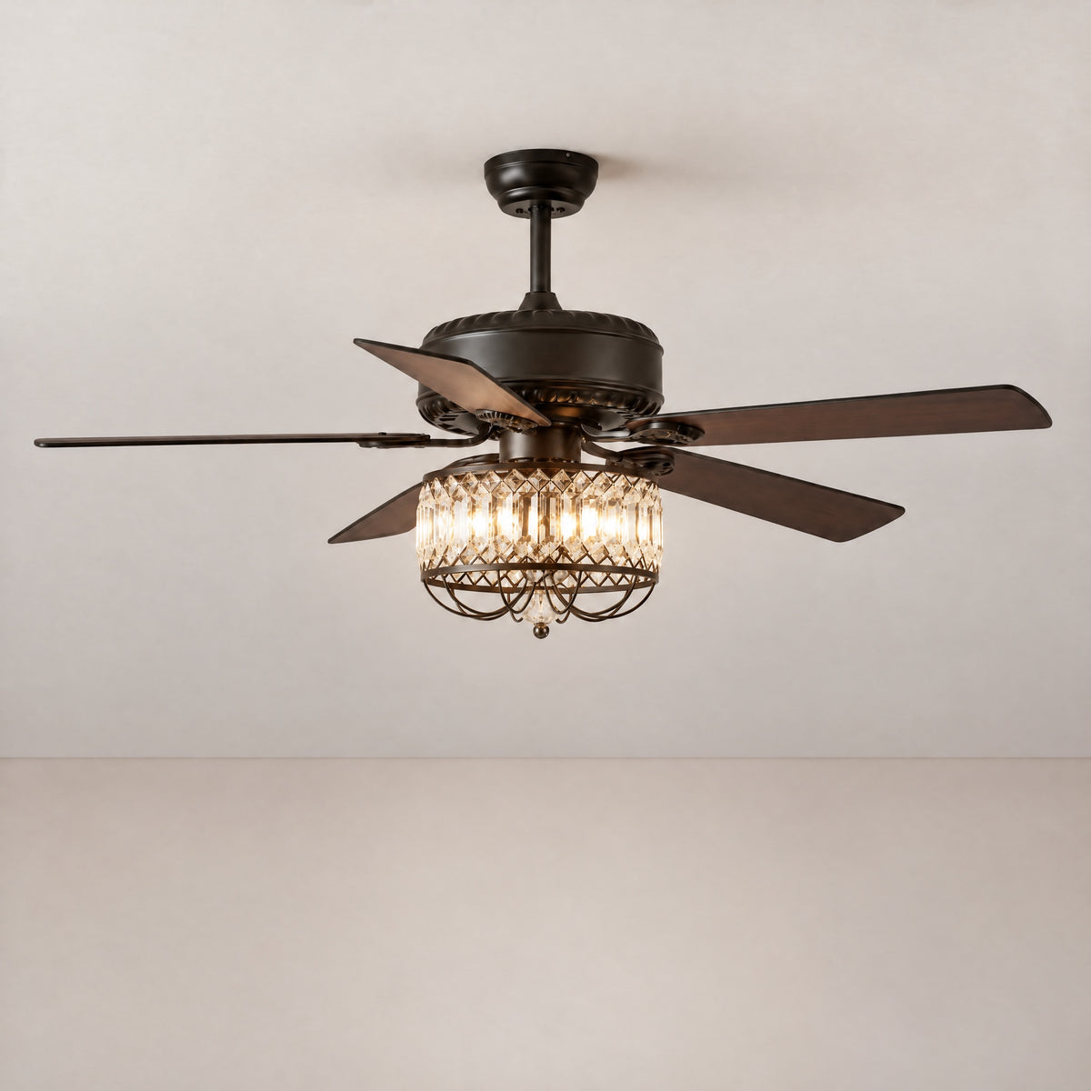 52" Retro Wood Blade Ceiling Fan with Crystal Drum Light – lights on