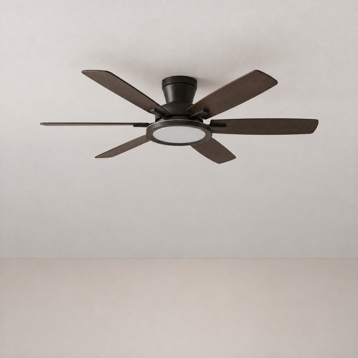 52" RGB Dark Wood Grain Flush Mount Ceiling Fan – lights off