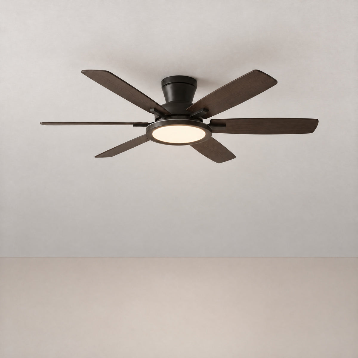 52" RGB Dark Wood Grain Flush Mount Ceiling Fan – lights on