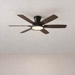 52" RGB Dark Wood Grain Flush Mount Ceiling Fan – lights on