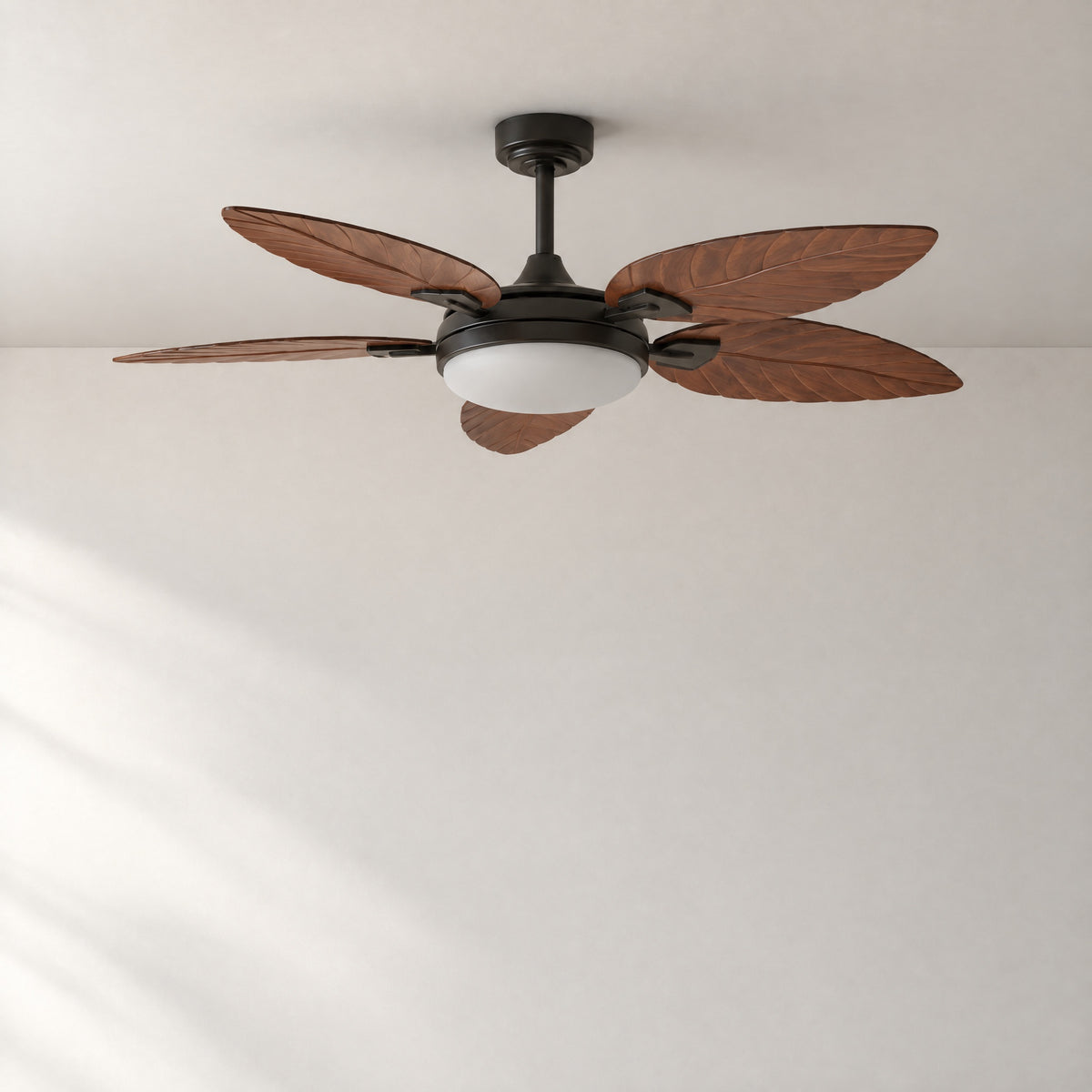52" Tropical Walnut Leaf Blade Ceiling Fan with LED Dome – lights off