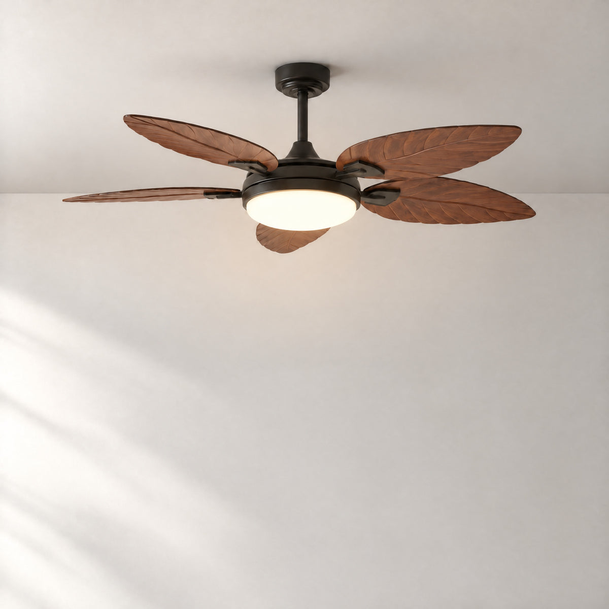 52" Tropical Walnut Leaf Blade Ceiling Fan with LED Dome – lights on