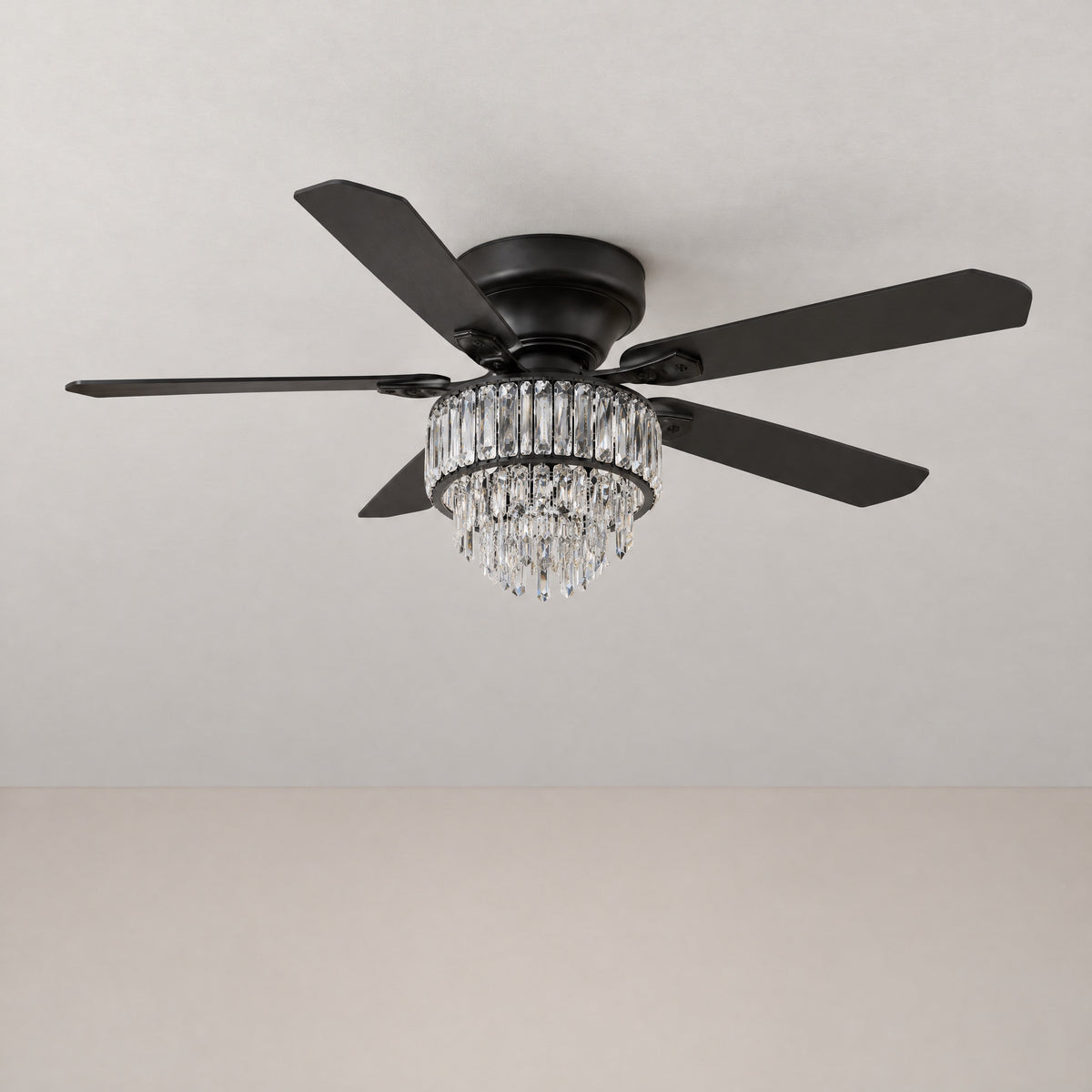 Yiosi Matte Black Ceiling Fan with Integrated Tiered Crystal Chandelier – lights off