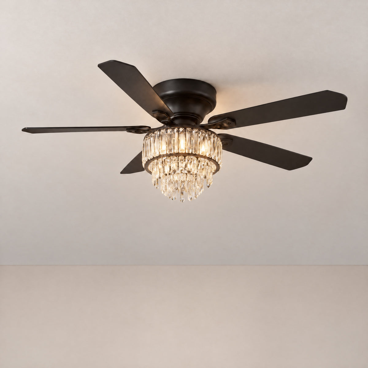 Yiosi Matte Black Ceiling Fan with Integrated Tiered Crystal Chandelier – lights on