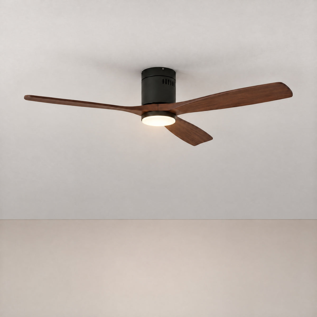 Yiosi 52-Inch Wood Blade Flush Mount Ceiling Fan with LED Disc Light – lights on