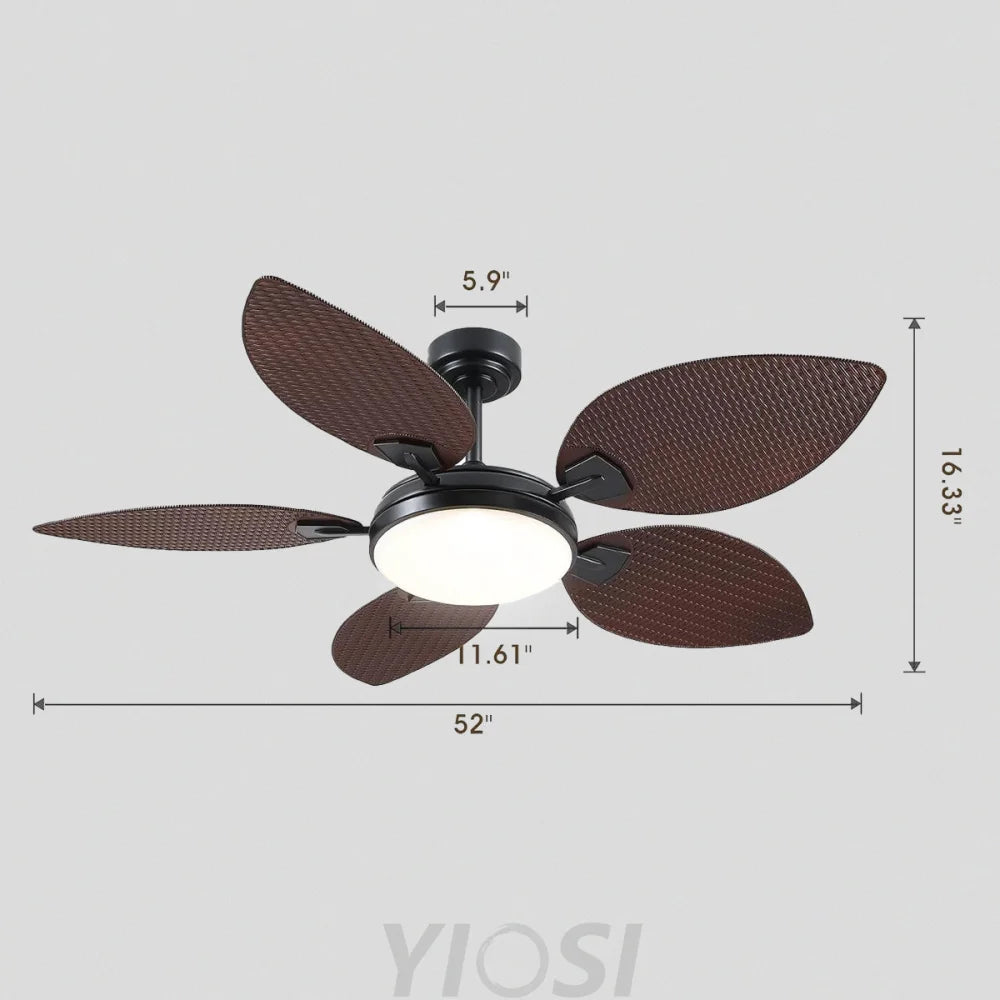 52’’ Tropical Style Outdoor Ceiling Fan with Palm Leaf Blades Dimmable LED & Remote Control Brown Ceiling Lights
