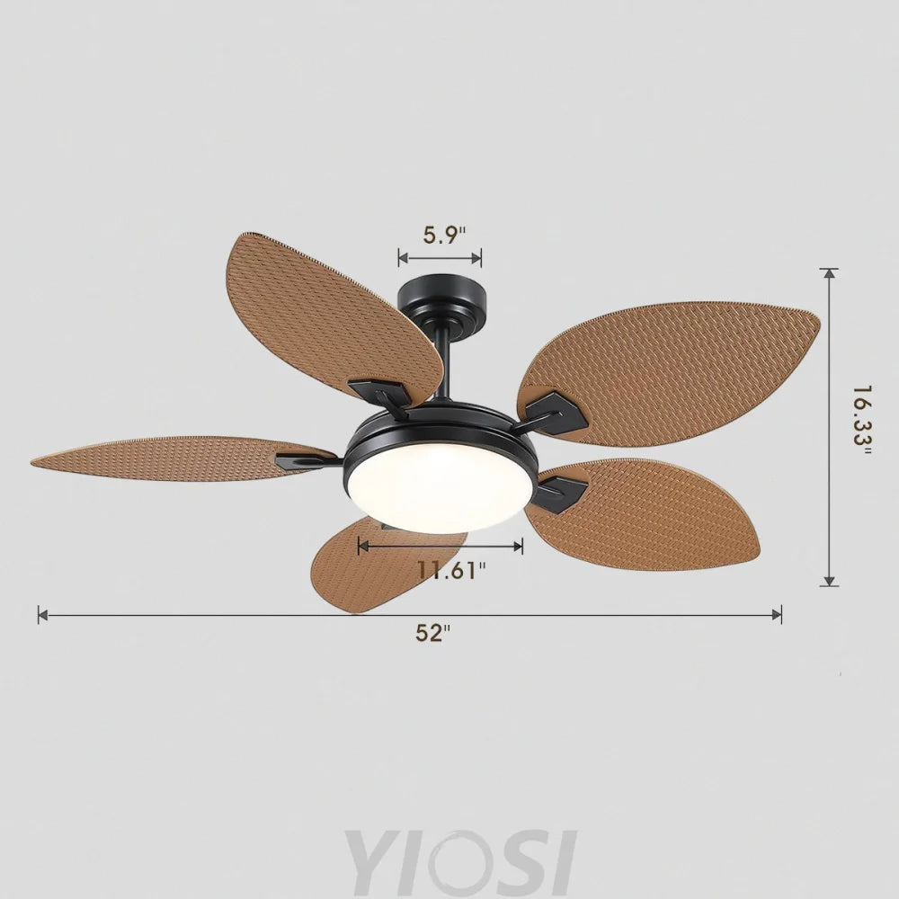 52’’ Tropical Style Outdoor Ceiling Fan with Palm Leaf Blades Dimmable LED & Remote Control Light Brown Ceiling Lights