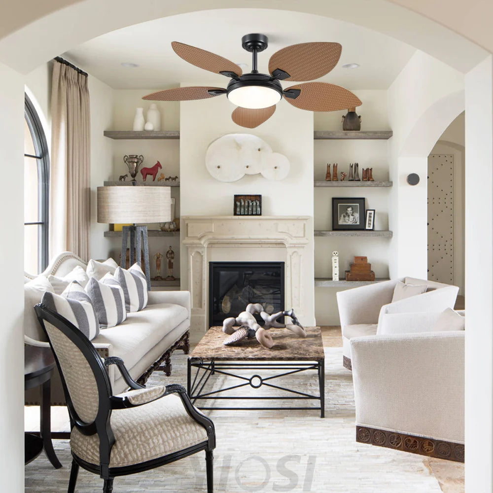 52’’ Tropical Style Outdoor Ceiling Fan with Palm Leaf Blades Dimmable LED & Remote Control Ceiling Lights