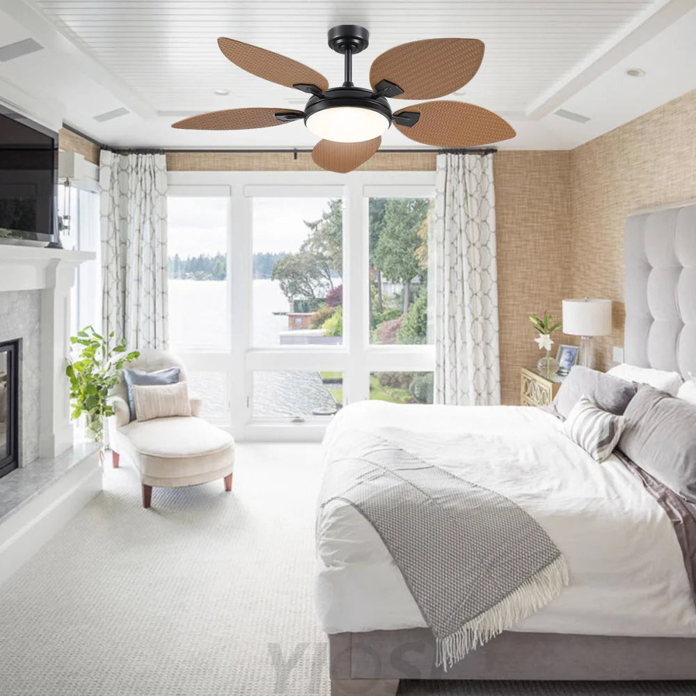 52’’ Tropical Style Outdoor Ceiling Fan with Palm Leaf Blades Dimmable LED & Remote Control Ceiling Lights