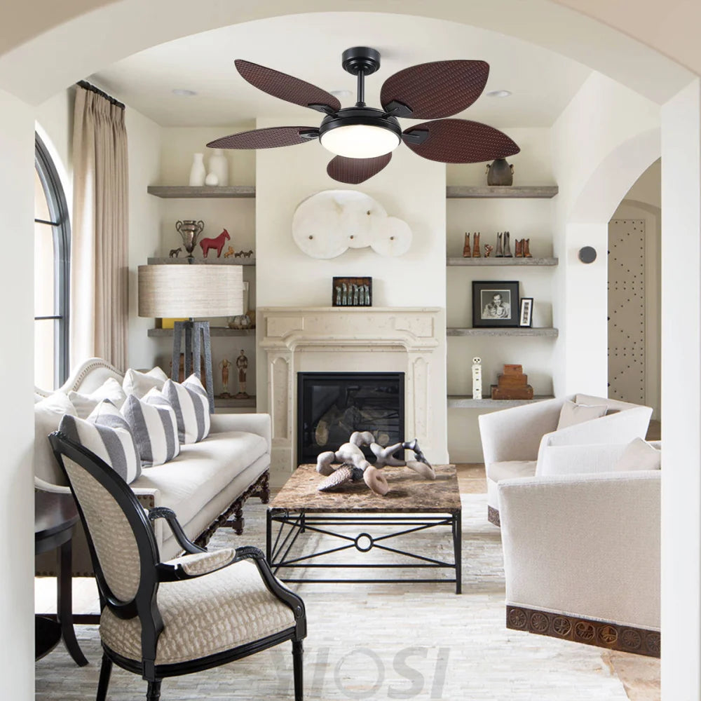 52’’ Tropical Style Outdoor Ceiling Fan with Palm Leaf Blades Dimmable LED & Remote Control Ceiling Lights