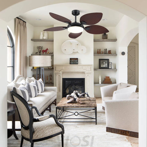 52’’ Tropical Style Outdoor Ceiling Fan with Palm Leaf Blades Dimmable LED & Remote Control Ceiling Lights