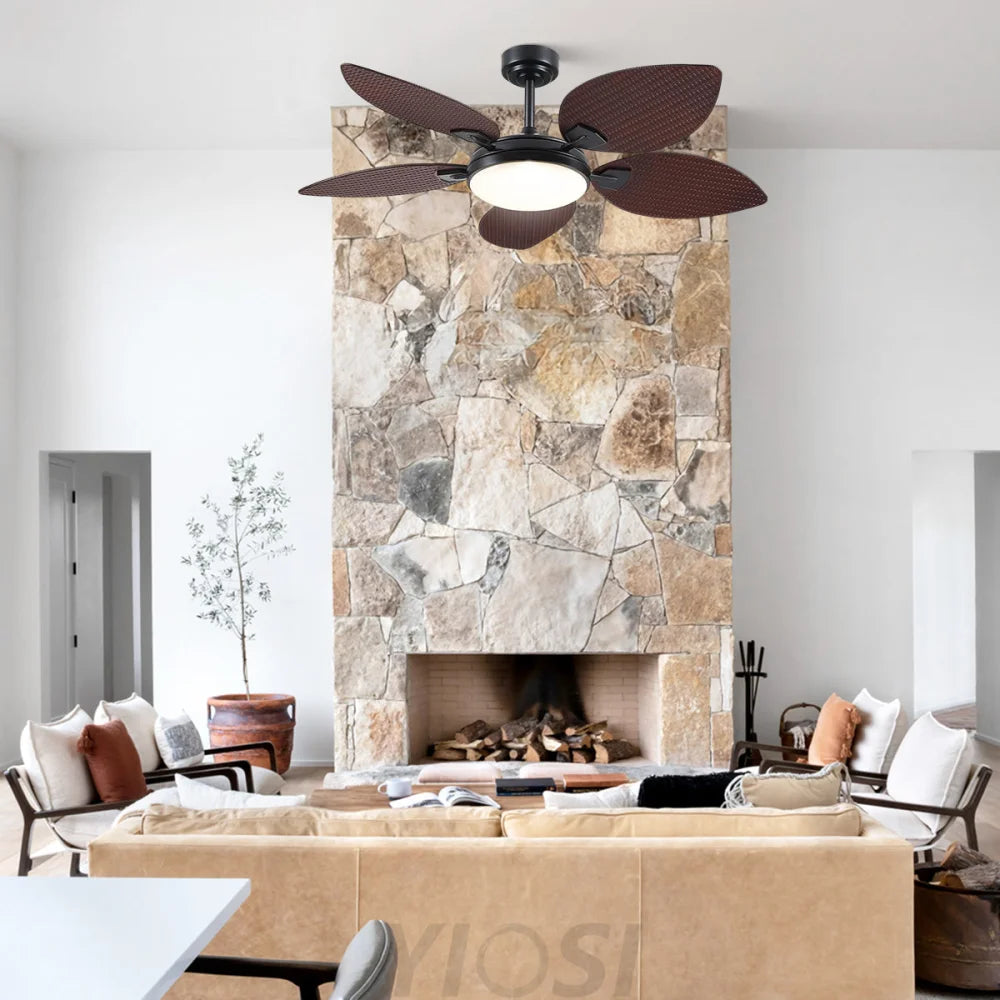 52’’ Tropical Style Outdoor Ceiling Fan with Palm Leaf Blades Dimmable LED & Remote Control Ceiling Lights