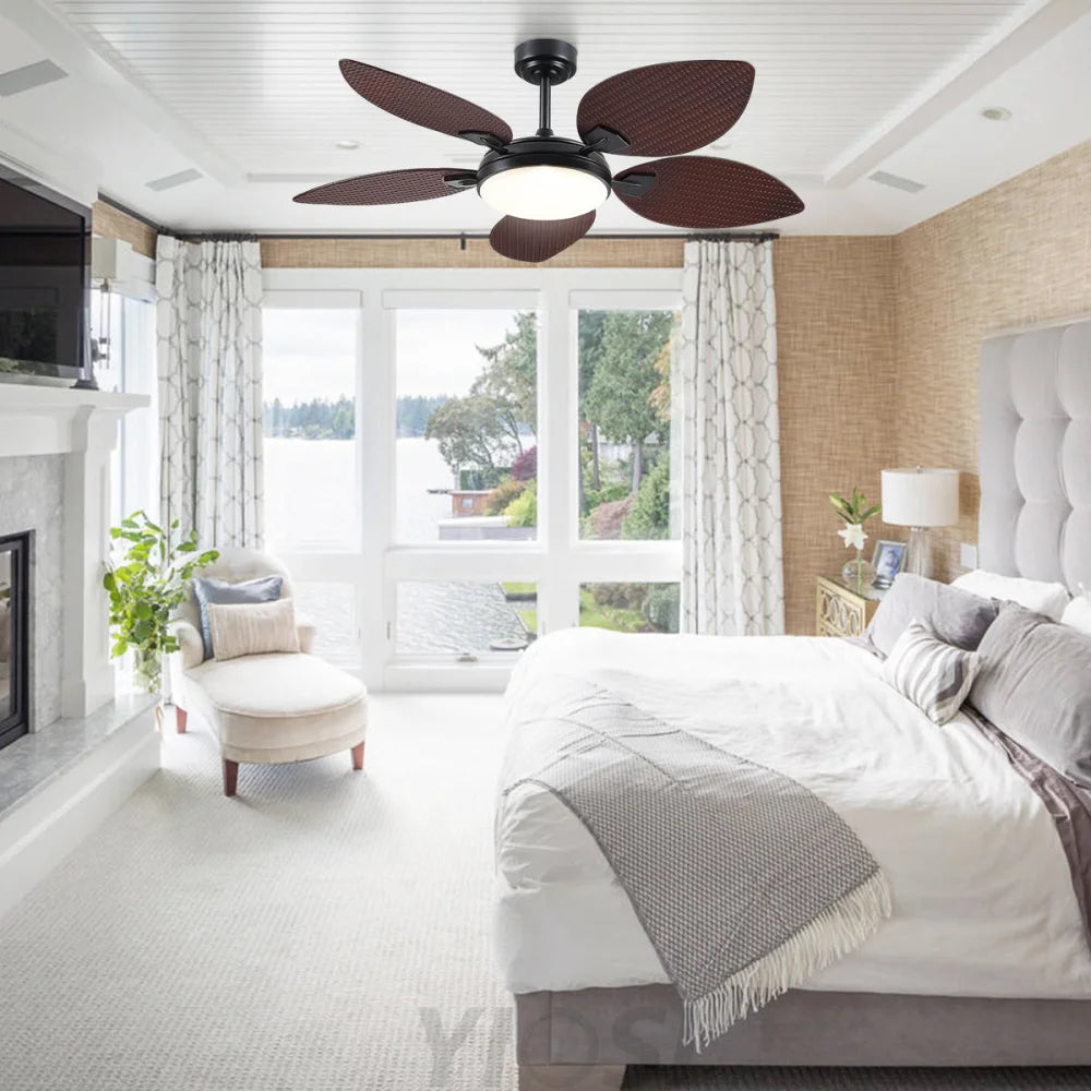 52’’ Tropical Style Outdoor Ceiling Fan with Palm Leaf Blades Dimmable LED & Remote Control Ceiling Lights
