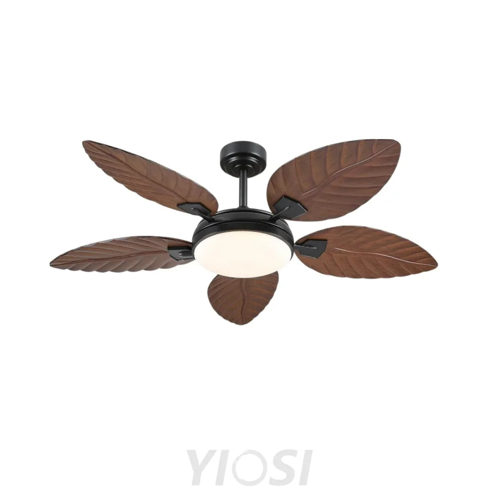 52’’ Tropical Wood Grain Ceiling Fan with Palm Leaf Blades Dimmable LED & Remote Control Dark Brown Ceiling Lights